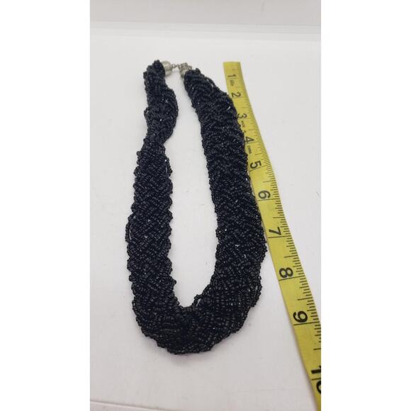 Black Glass Bead Multi Strand Braided Necklace Chunky Wide Twist Collar Choker - Picture 7 of 10